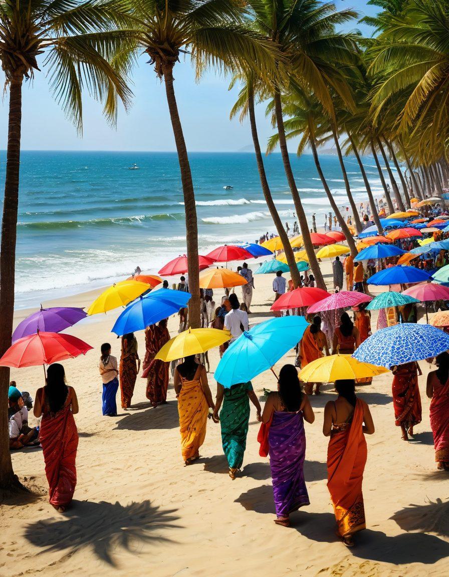 A lively beach scene showcasing fashionable Bengali beach attire, featuring vibrant saris and swimsuits in bold colors and intricate patterns. Beach umbrellas and palm trees in the background, with joyful people enjoying the sun, sand, and surf. Incorporate traditional Bengali motifs subtly blended into the clothing designs. Bright and sunny atmosphere. super-realistic. vibrant colors. 3D.